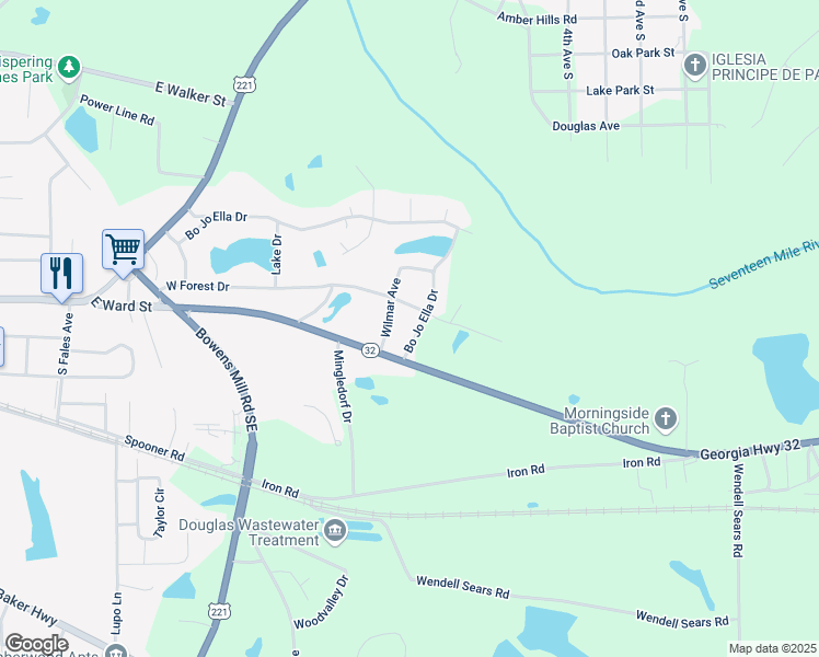 map of restaurants, bars, coffee shops, grocery stores, and more near 105 Bo Jo Ella Drive in Douglas