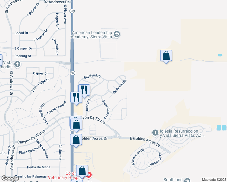 map of restaurants, bars, coffee shops, grocery stores, and more near 4539 Redwood Street in Sierra Vista