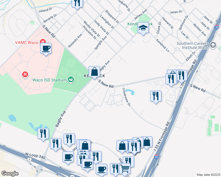 map of restaurants, bars, coffee shops, grocery stores, and more near 4600 South New Road in Waco