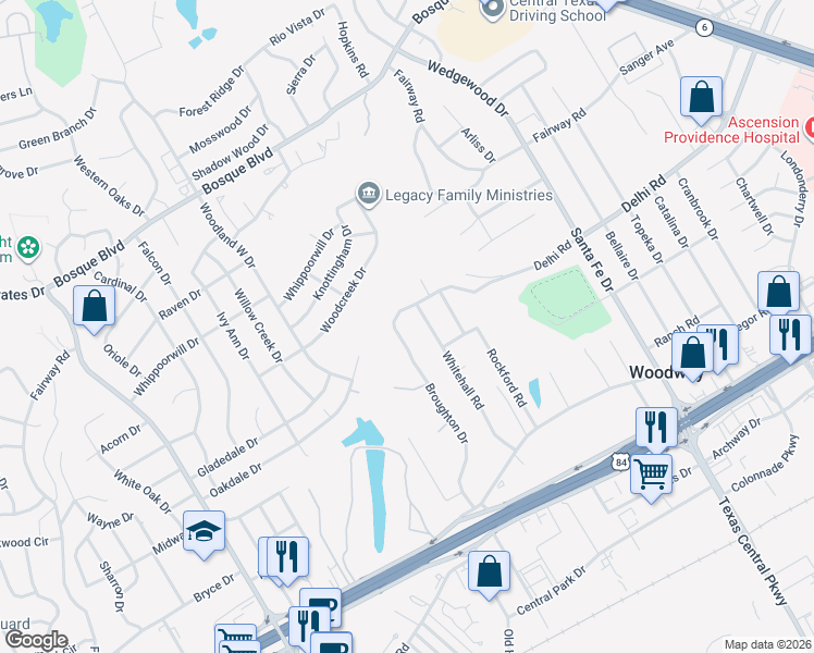 map of restaurants, bars, coffee shops, grocery stores, and more near 435 Broughton Drive in Waco