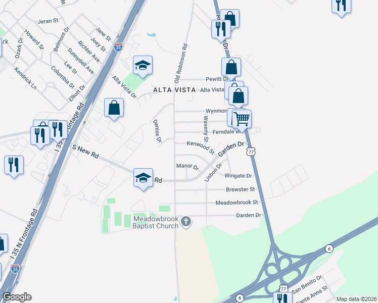 map of restaurants, bars, coffee shops, grocery stores, and more near 3705 Wingate Drive in Waco