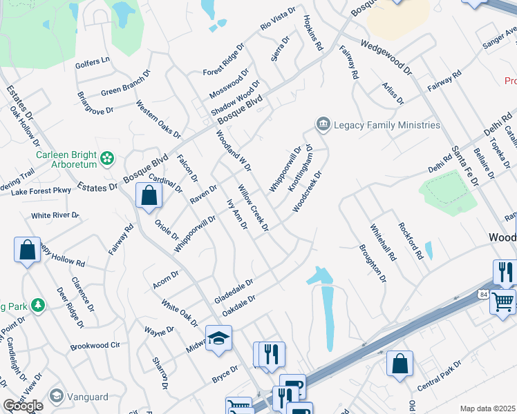 map of restaurants, bars, coffee shops, grocery stores, and more near 709 Willow Creek Drive in Waco