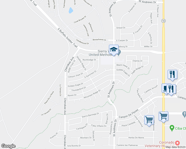 map of restaurants, bars, coffee shops, grocery stores, and more near 2832 South Suncrest Drive in Sierra Vista