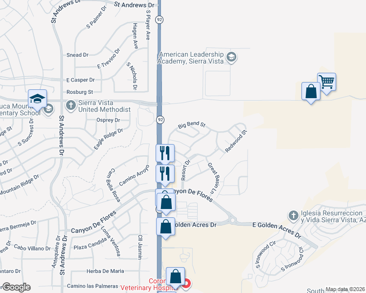 map of restaurants, bars, coffee shops, grocery stores, and more near 4216 Tinker Drive in Sierra Vista