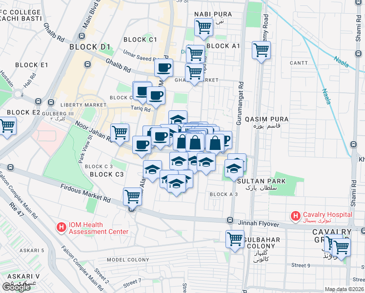 map of restaurants, bars, coffee shops, grocery stores, and more near Mian Mehmood Ali Kasoori Road in Lahore
