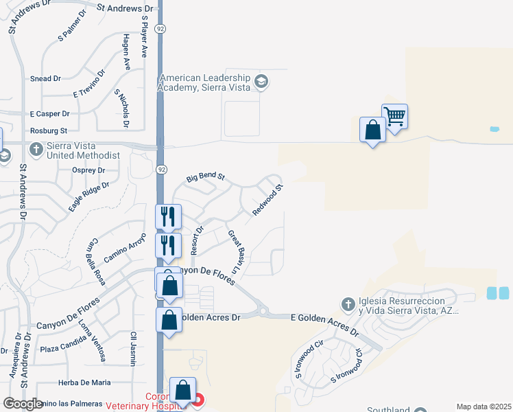 map of restaurants, bars, coffee shops, grocery stores, and more near 4539 Redwood Street in Sierra Vista