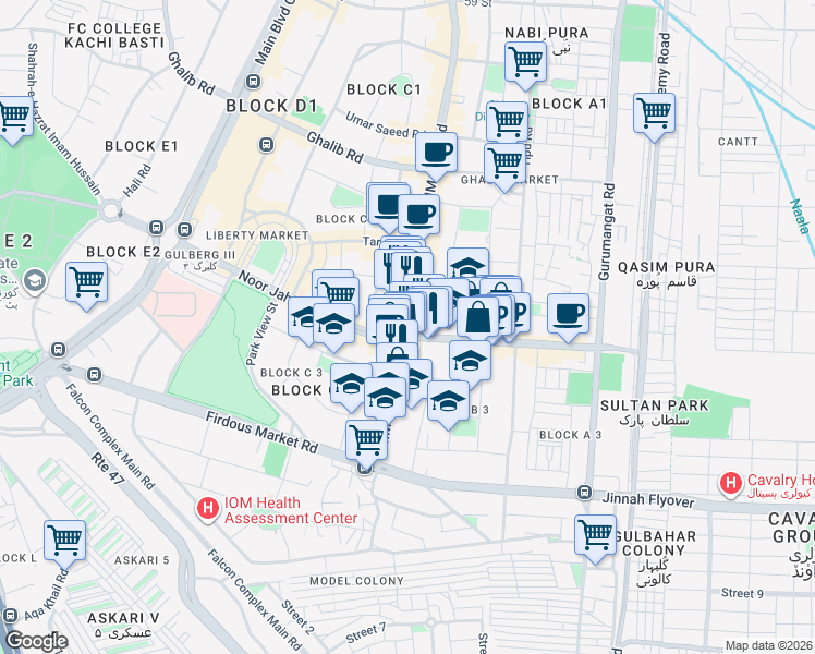 map of restaurants, bars, coffee shops, grocery stores, and more near Hussain Chowk in Lahore