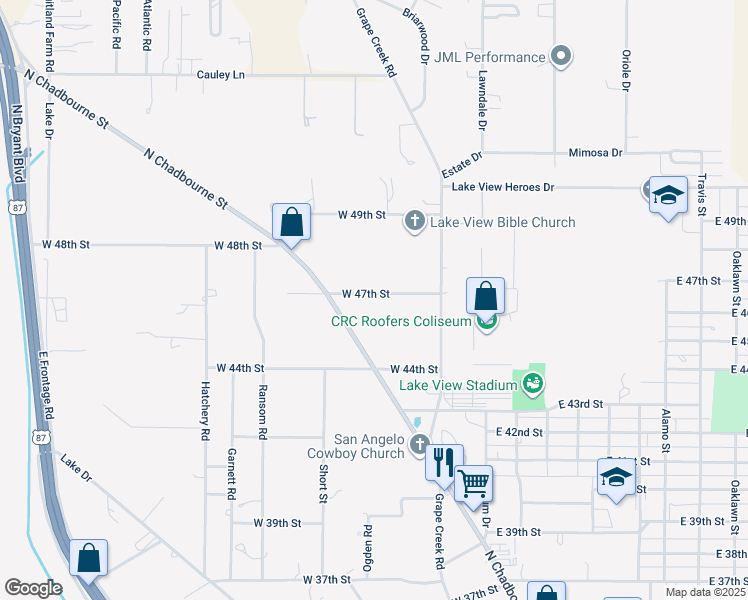 map of restaurants, bars, coffee shops, grocery stores, and more near 333 West 47th Street in San Angelo
