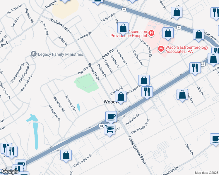 map of restaurants, bars, coffee shops, grocery stores, and more near 316 Bellaire Drive in Waco