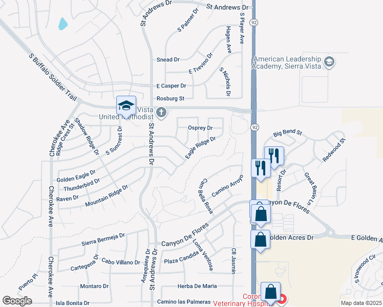 map of restaurants, bars, coffee shops, grocery stores, and more near 3377 Eagle Ridge Drive in Sierra Vista