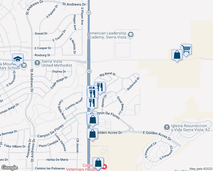 map of restaurants, bars, coffee shops, grocery stores, and more near Grand Teton Court in Sierra Vista