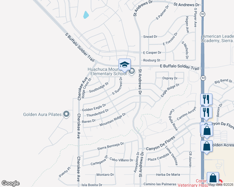 map of restaurants, bars, coffee shops, grocery stores, and more near 2854 South Suncrest Drive in Sierra Vista