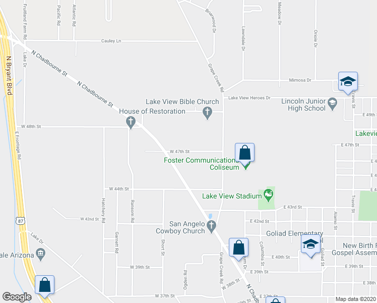 map of restaurants, bars, coffee shops, grocery stores, and more near 333 West 47th Street in San Angelo