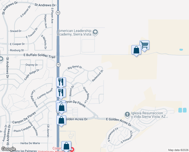 map of restaurants, bars, coffee shops, grocery stores, and more near 3379 Sequoia Court in Sierra Vista