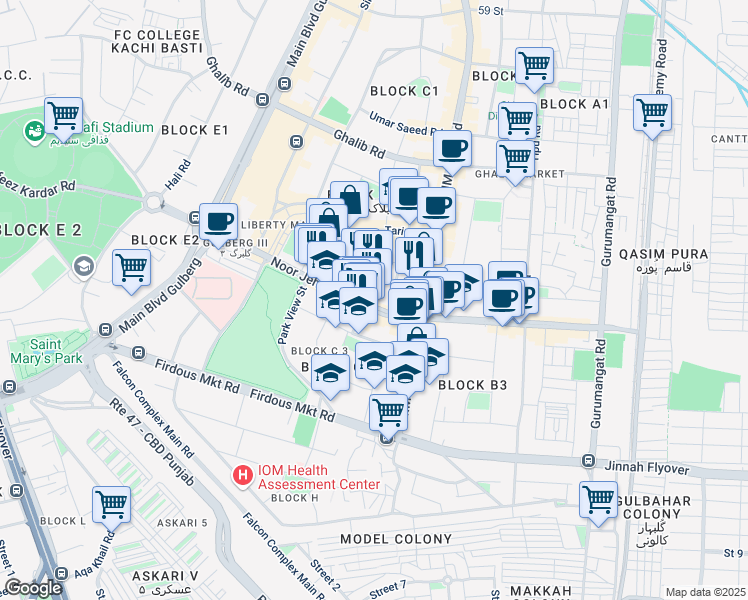 map of restaurants, bars, coffee shops, grocery stores, and more near Noor Jehan Road in Lahore