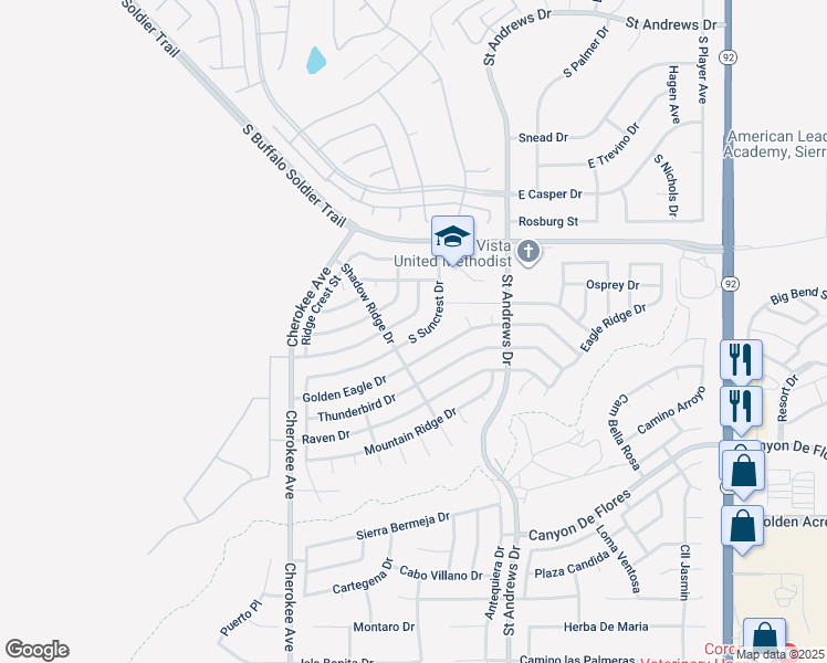 map of restaurants, bars, coffee shops, grocery stores, and more near 2849 South Suncrest Drive in Sierra Vista