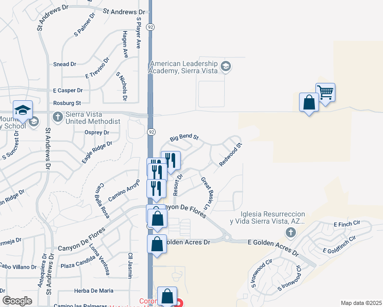 map of restaurants, bars, coffee shops, grocery stores, and more near Grand Teton Court in Sierra Vista
