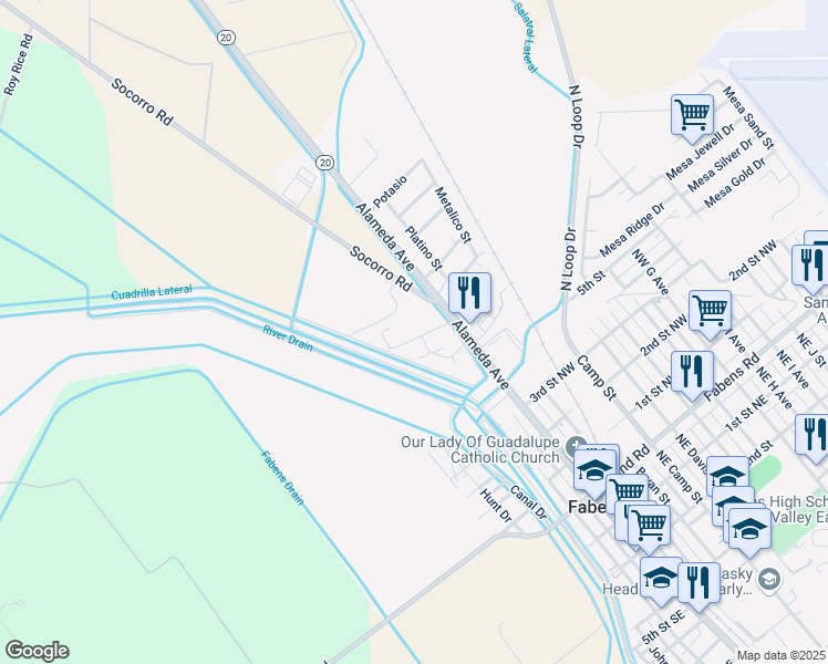 map of restaurants, bars, coffee shops, grocery stores, and more near 202 Oro Place in Fabens