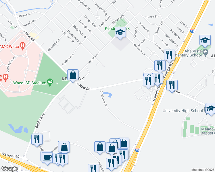 map of restaurants, bars, coffee shops, grocery stores, and more near 2100 South New Road in Waco