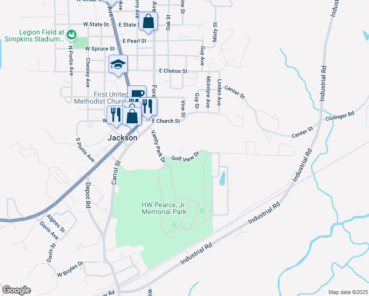 map of restaurants, bars, coffee shops, grocery stores, and more near 201 Golf View Drive in Jackson