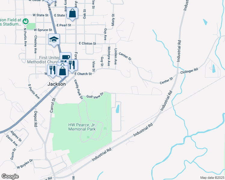 map of restaurants, bars, coffee shops, grocery stores, and more near 201-431 Golf View Drive in Jackson