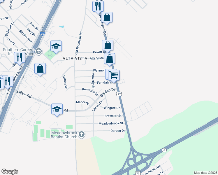 map of restaurants, bars, coffee shops, grocery stores, and more near 3230 Ferndale Drive in Waco