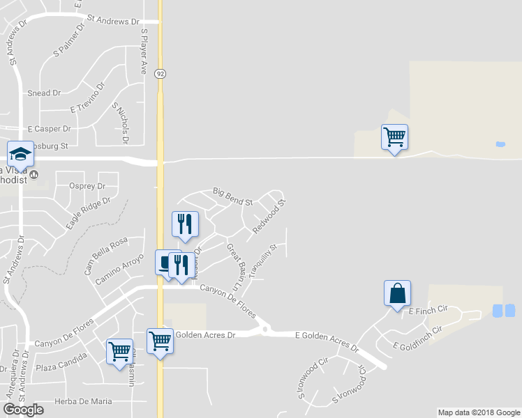 map of restaurants, bars, coffee shops, grocery stores, and more near 3332 Yosemite Court in Sierra Vista