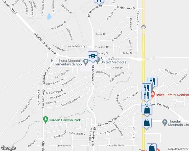 map of restaurants, bars, coffee shops, grocery stores, and more near 3225 Golden Eagle Drive in Sierra Vista