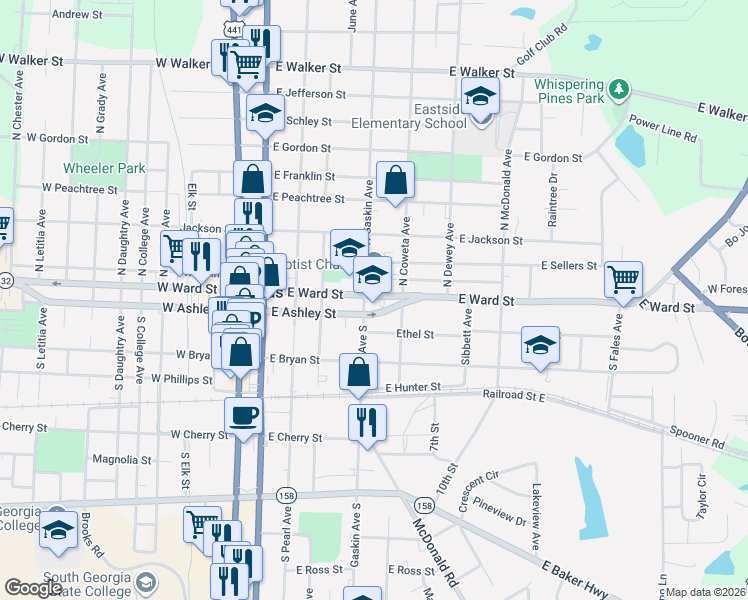 map of restaurants, bars, coffee shops, grocery stores, and more near 123 N Gaskin Ave in Douglas