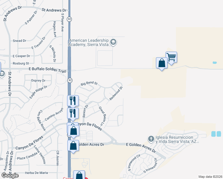 map of restaurants, bars, coffee shops, grocery stores, and more near 3310 Yosemite Court in Sierra Vista
