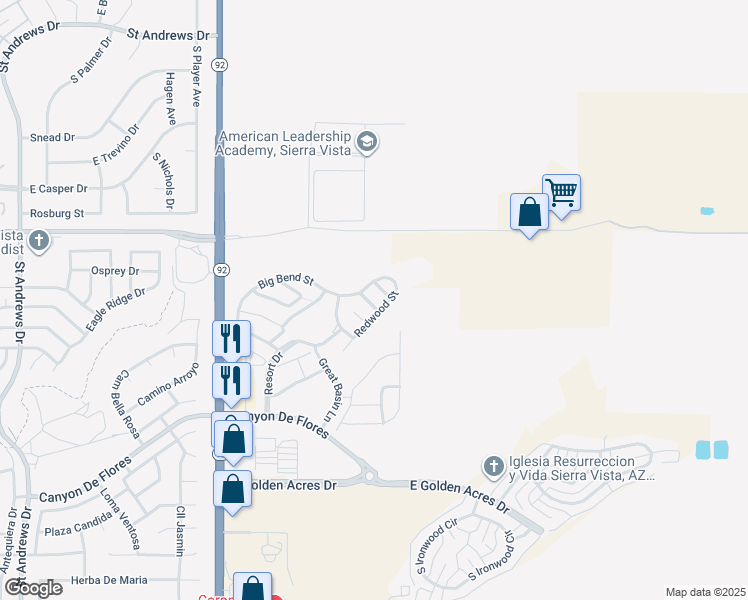 map of restaurants, bars, coffee shops, grocery stores, and more near 3389 Yosemite Court in Sierra Vista