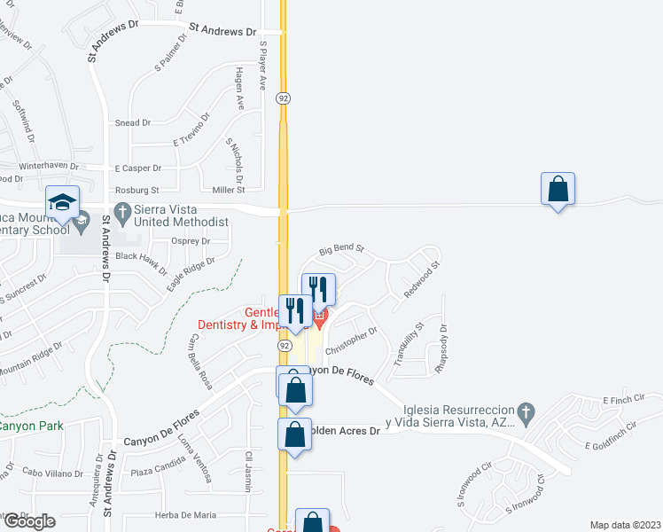 map of restaurants, bars, coffee shops, grocery stores, and more near 4237 Rocky Mountain Way in Sierra Vista