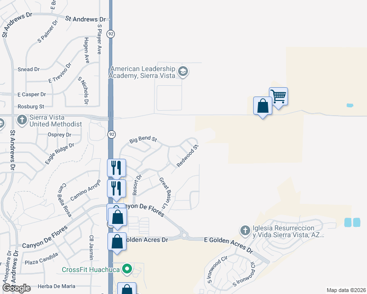 map of restaurants, bars, coffee shops, grocery stores, and more near 3323 Yosemite Court in Sierra Vista