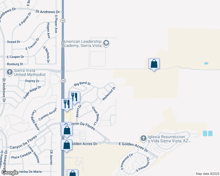 map of restaurants, bars, coffee shops, grocery stores, and more near 3354 Zion Court in Sierra Vista
