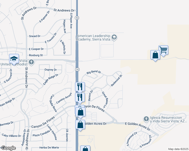 map of restaurants, bars, coffee shops, grocery stores, and more near 4295 Kings Canyon Way in Sierra Vista