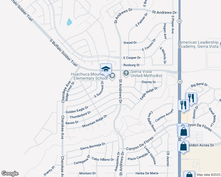 map of restaurants, bars, coffee shops, grocery stores, and more near 3329 Mustang Court in Sierra Vista