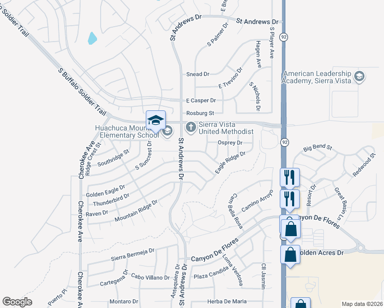 map of restaurants, bars, coffee shops, grocery stores, and more near 3290 Black Hawk Drive in Sierra Vista