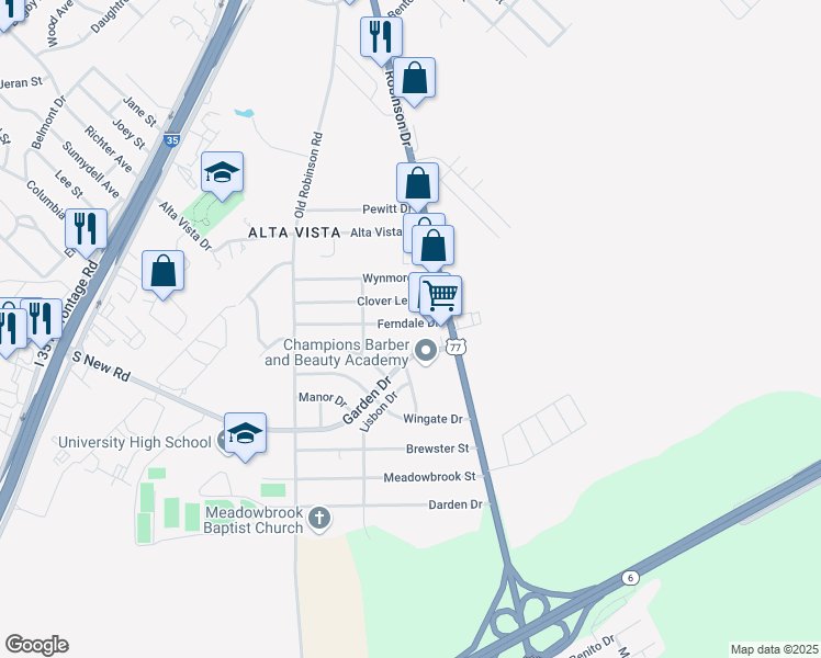 map of restaurants, bars, coffee shops, grocery stores, and more near 3230 Ferndale Drive in Waco