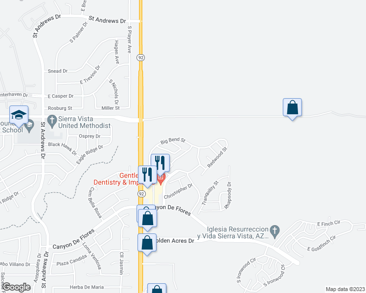 map of restaurants, bars, coffee shops, grocery stores, and more near 4341 Kings Canyon Way in Sierra Vista