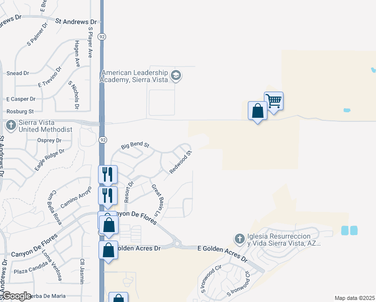 map of restaurants, bars, coffee shops, grocery stores, and more near 3393 Zion Court in Sierra Vista
