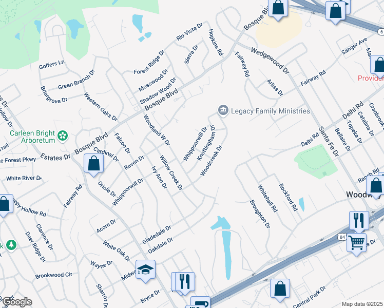 map of restaurants, bars, coffee shops, grocery stores, and more near 8302 Whippoorwill Drive in Waco