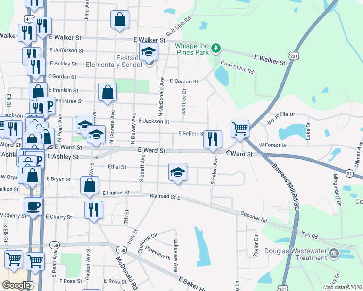 map of restaurants, bars, coffee shops, grocery stores, and more near 1019 East Ward Street in Douglas