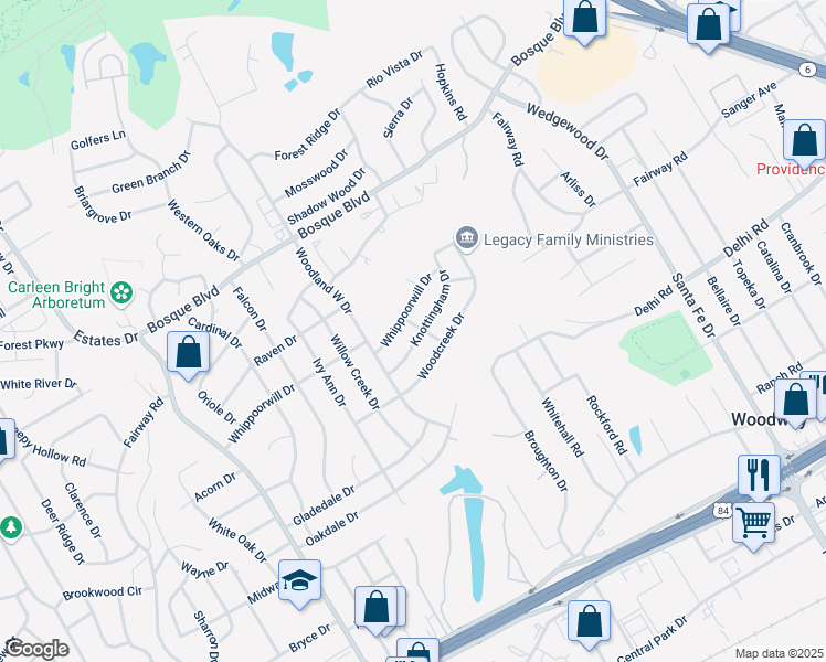 map of restaurants, bars, coffee shops, grocery stores, and more near 8302 Whippoorwill Drive in Waco