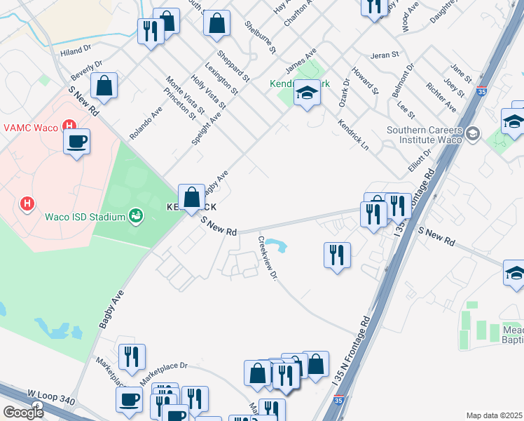 map of restaurants, bars, coffee shops, grocery stores, and more near 2100 South New Road in Waco