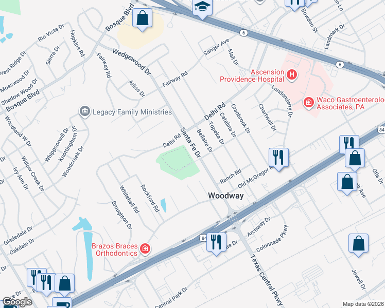 map of restaurants, bars, coffee shops, grocery stores, and more near 410 Santa Fe Drive in Waco