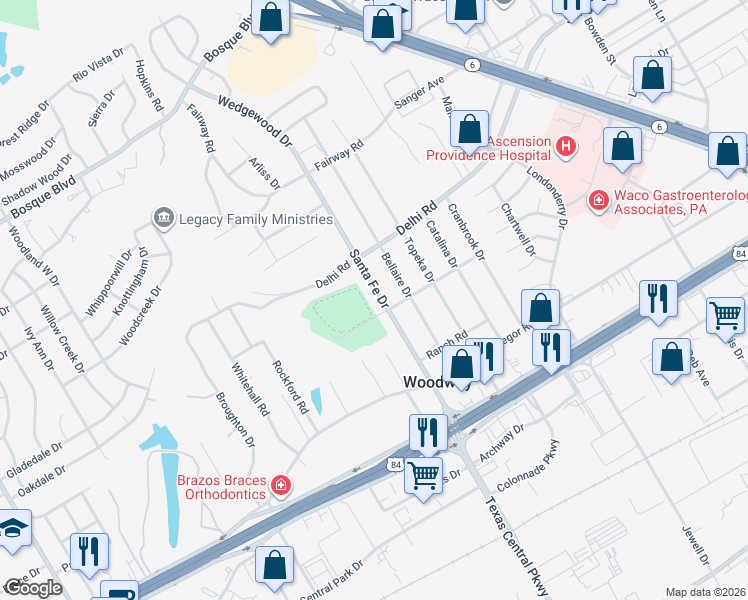 map of restaurants, bars, coffee shops, grocery stores, and more near 410 Santa Fe Drive in Woodway
