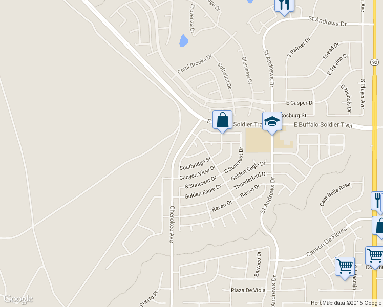 map of restaurants, bars, coffee shops, grocery stores, and more near 2555 East Canyon Crest Street in Sierra Vista