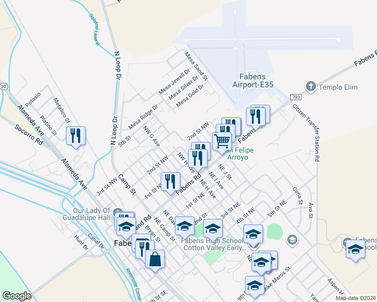 map of restaurants, bars, coffee shops, grocery stores, and more near 206 Northwest I Avenue in Fabens