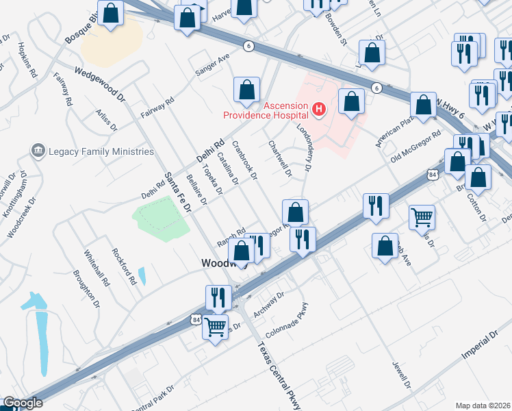 map of restaurants, bars, coffee shops, grocery stores, and more near 317 Catalina Drive in Waco