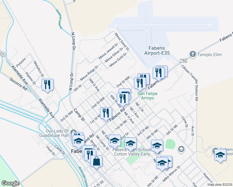 map of restaurants, bars, coffee shops, grocery stores, and more near 206 Northwest I Avenue in Fabens